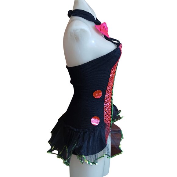 Medium Vintage 70's Halter Sequin Tutu Dress With Pink Bow & Green Ruffle Trim - Picture 2 of 7